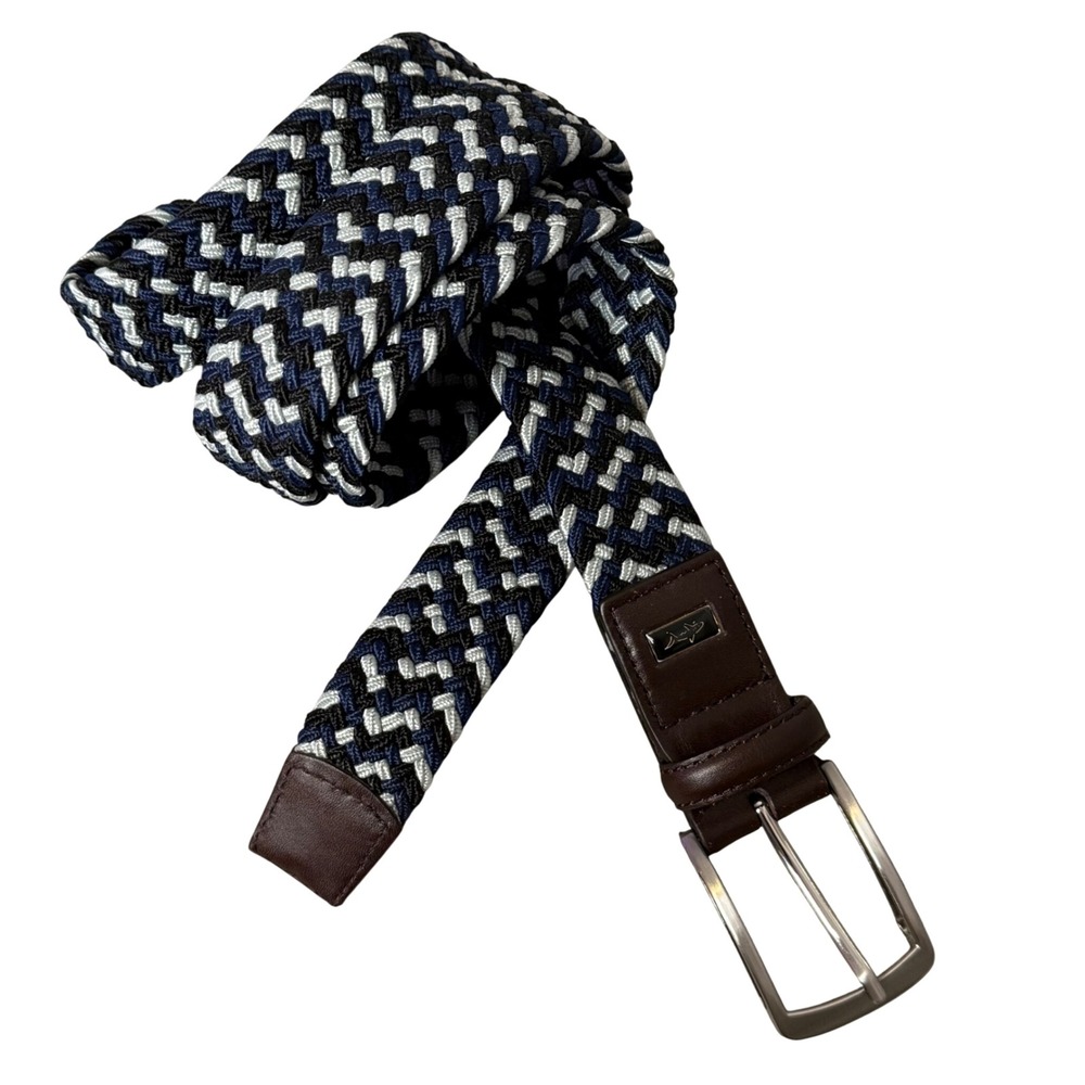 Greg Norman Braided‎ Stretch Belt Mens 44 Navy Blue White Woven Preppy Nautical